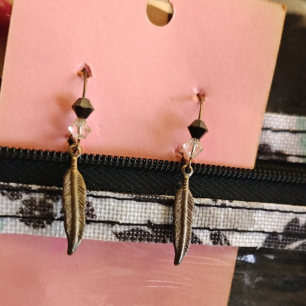 Feather Dangle Earrings with Crystal Accents - Bronze